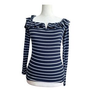 Aero Seriously Soft Navy Stripe Off Shoulder Top Medium Ruffle Ribbed